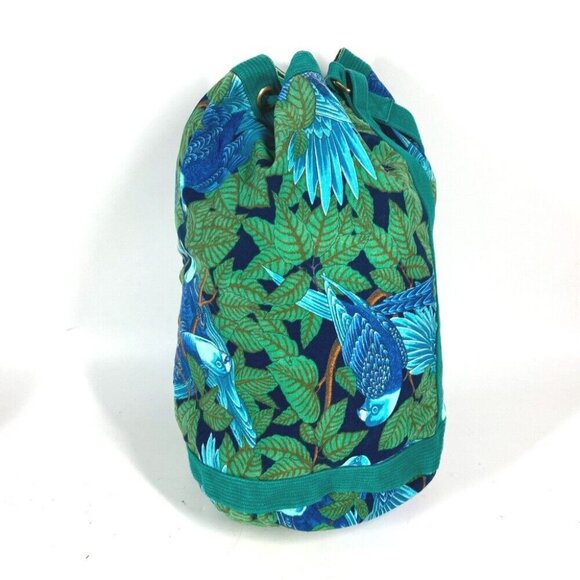 HERMES Bird pattern Drawstring bag Shoulder Bag Canvas Green/blue